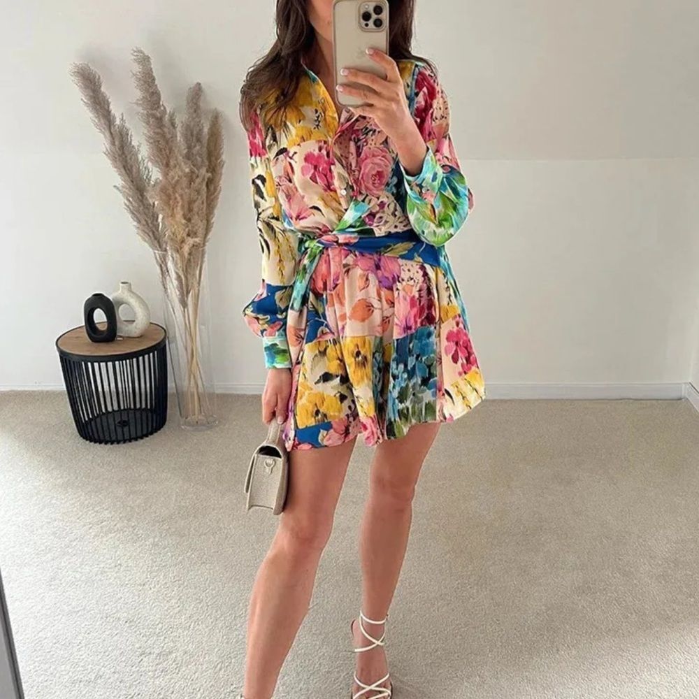 Zara Satin Floral Patchwork Print Wrap Front Romper - Picture 10 of 10